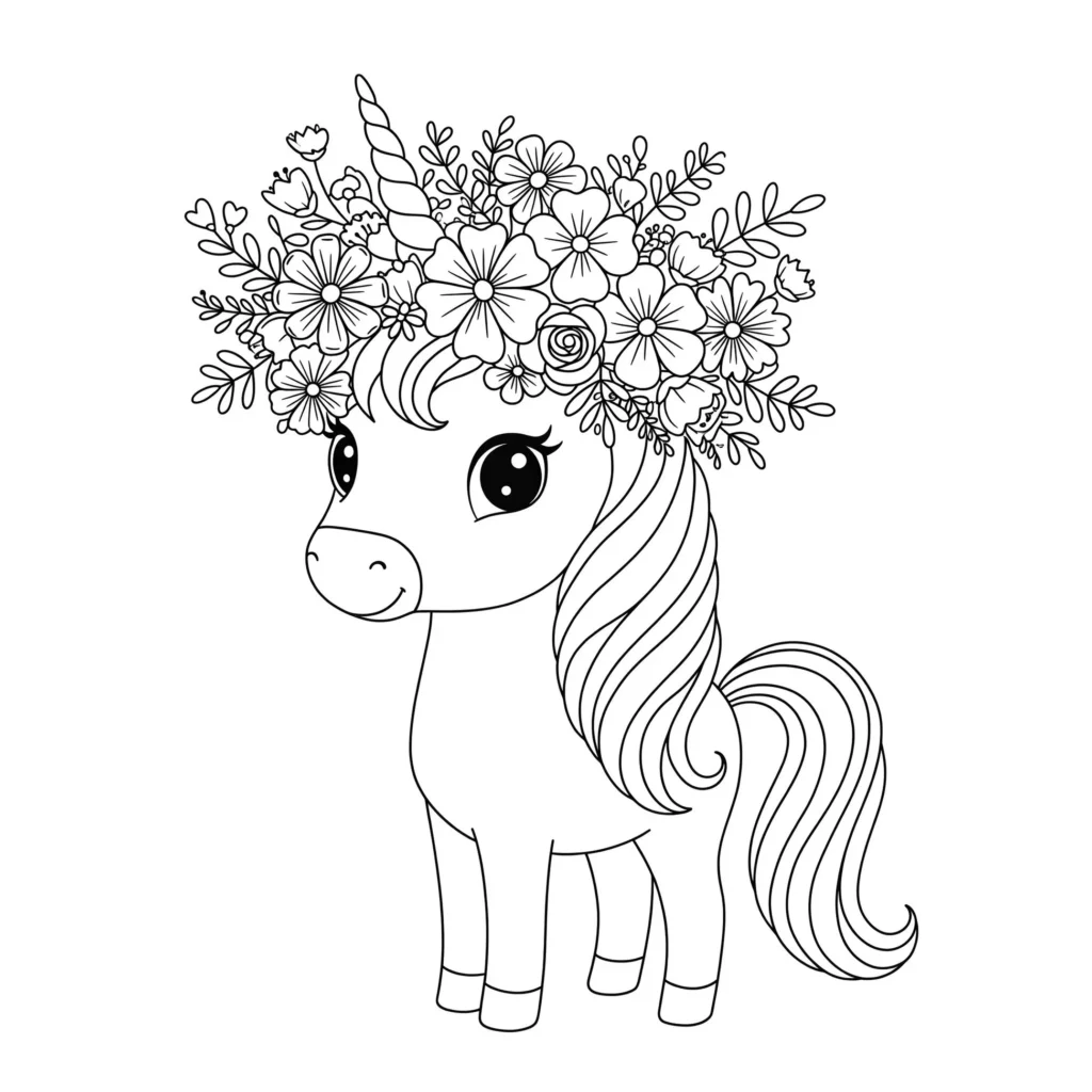Unicórnio fofo com flores para colorir: desenho adorável e mágico.