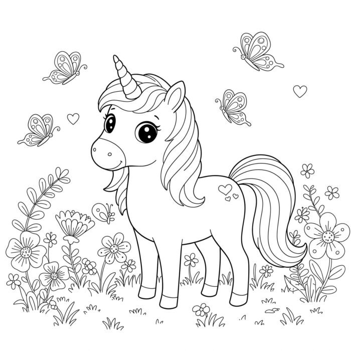 Unicórnio fofo com flores e borboletas para colorir. Arte encantadora com corações.