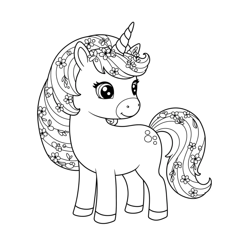 Unicórnio fofo com flores no cabelo, desenho para colorir.