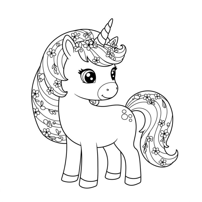 Unicórnio fofo com flores no cabelo, desenho para colorir.