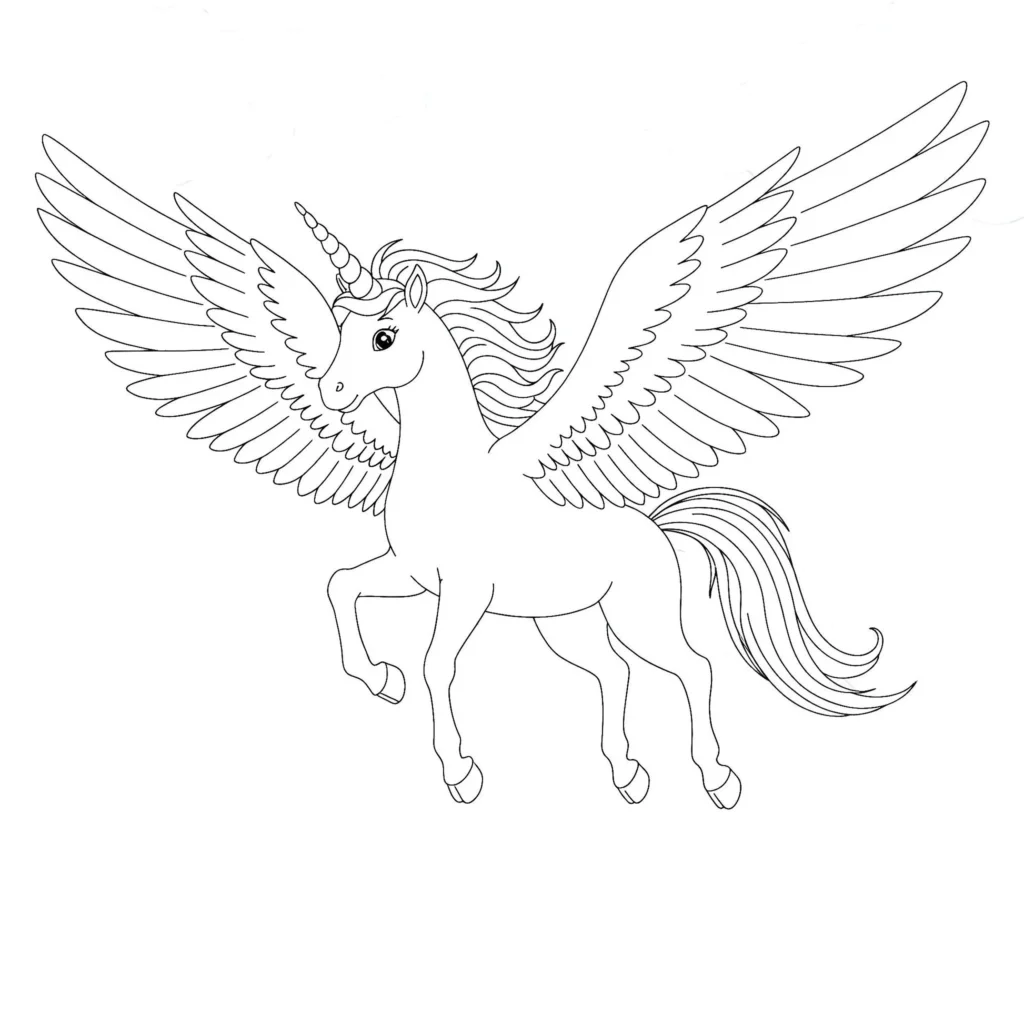 Unicórnio alado adorável para colorir. Desenho mágico com crina e cauda onduladas, chifre espiralado e asas abertas.