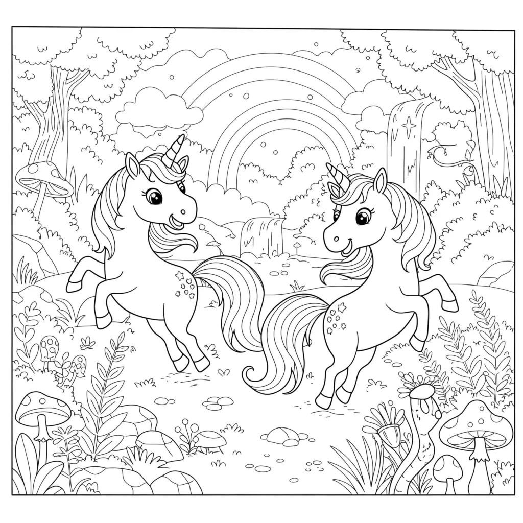 Desenho de unicórnios fofos em mundo mágico para colorir. Cachoeira e arco-íris ao fundo.