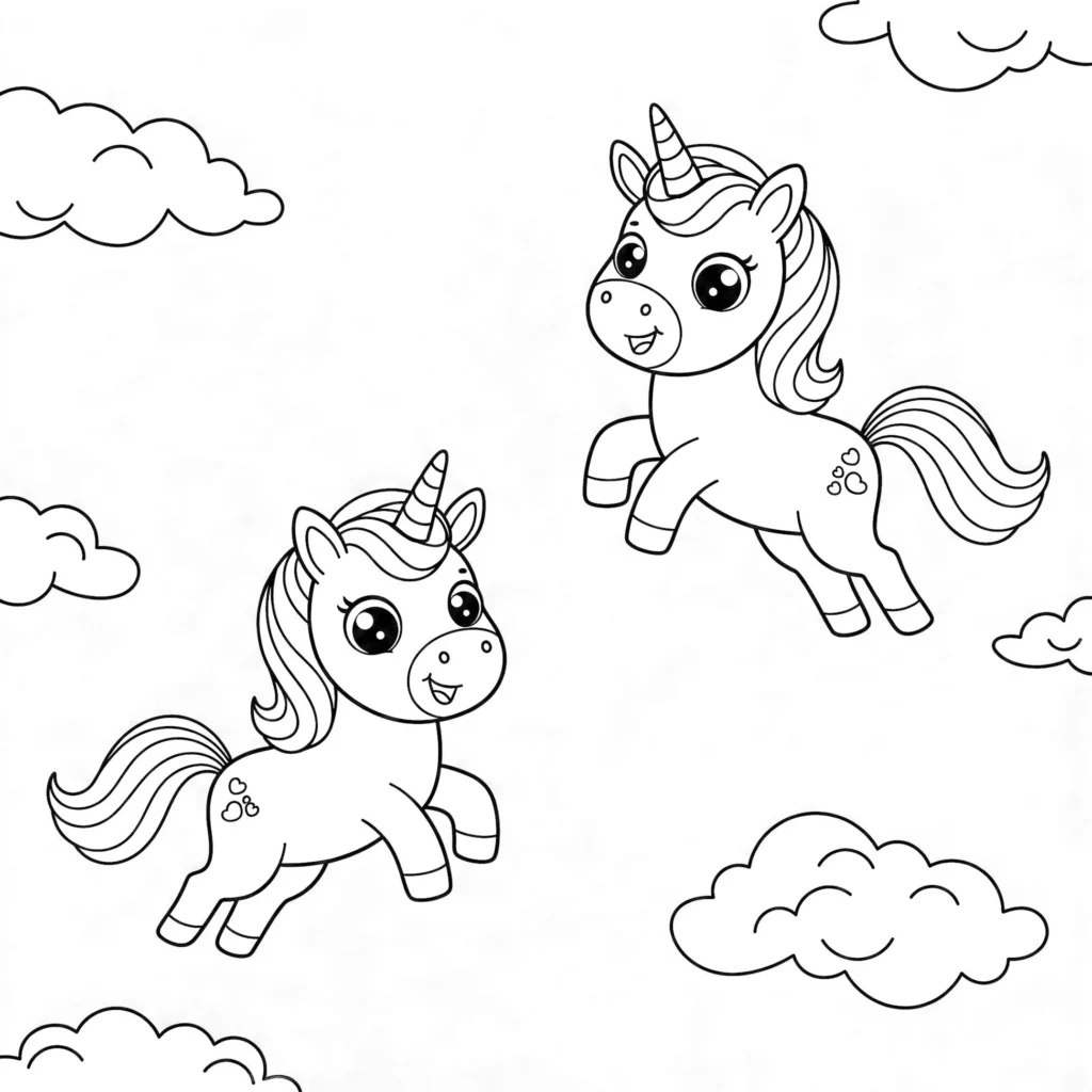 Unicórnios fofos nas nuvens: desenho para colorir com alegria e fantasia.