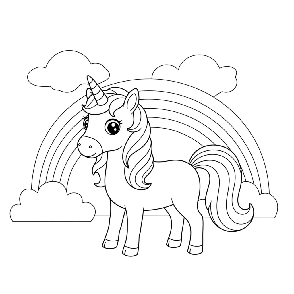 Unicórnio fofo em arco-íris para colorir: Desenho mágico para crianças