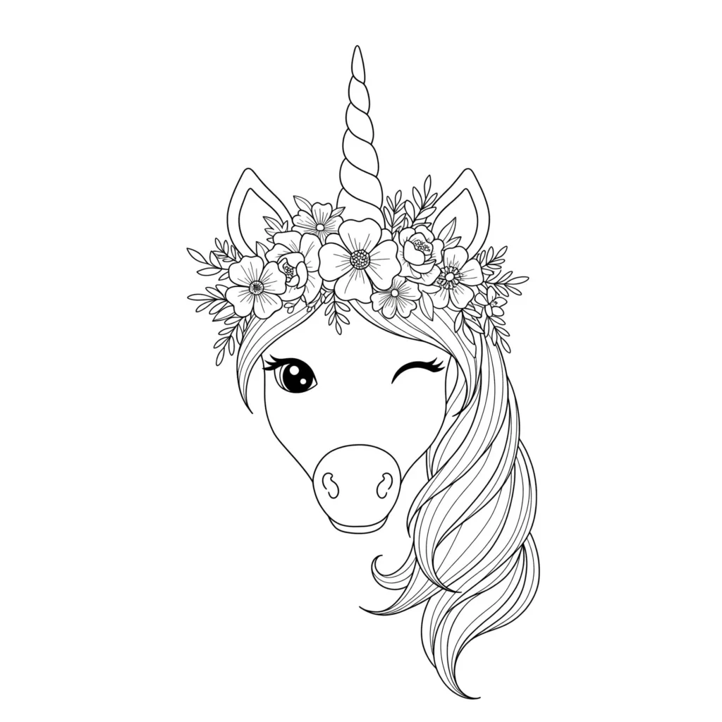 Unicórnio fofo piscando o olho, pronto para colorir. Desenho encantador com coroa floral e crina ondulada.