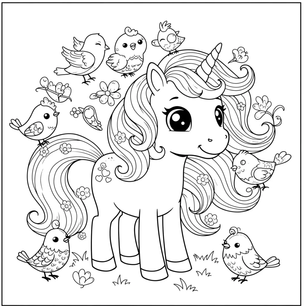 Unicórnio com flores e passarinhos: desenho para colorir