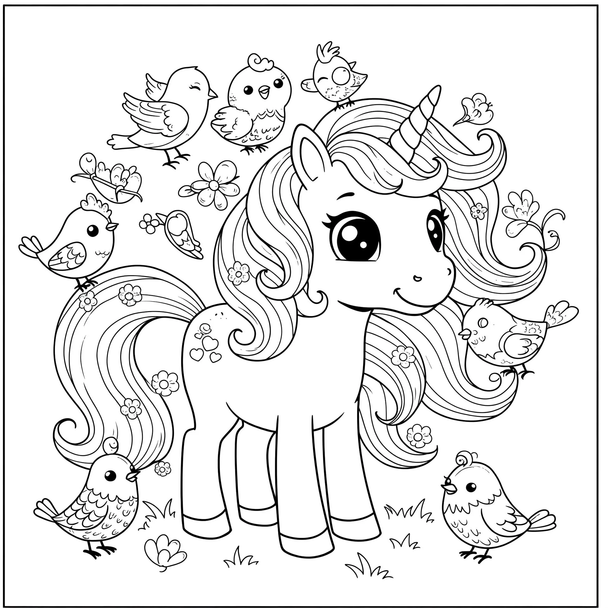 Unicórnio com flores e passarinhos: desenho para colorir