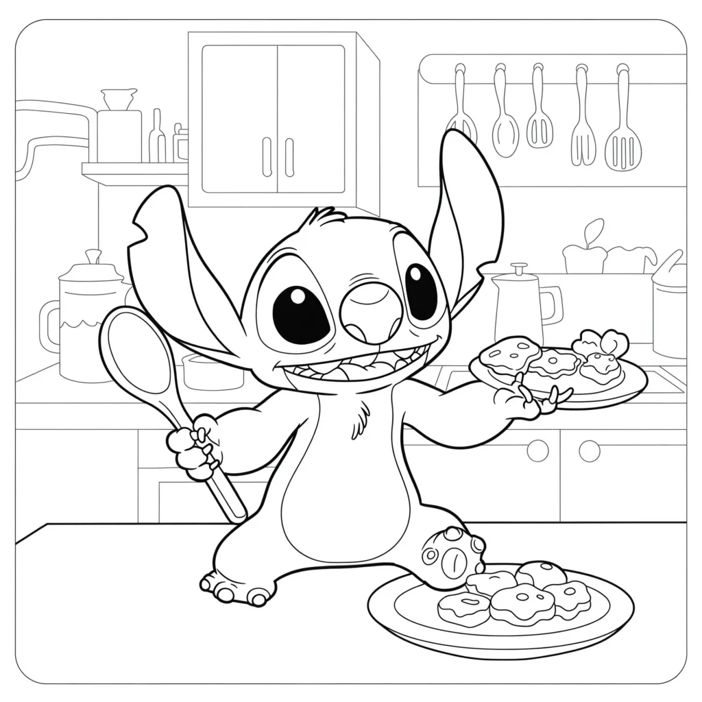 Stitch na Cozinha: Desenho para Colorir com Bolinhos