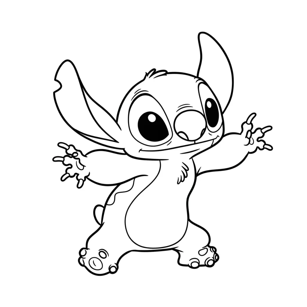 Stitch com braços abertos para colorir: desenho divertido do personagem sorrindo.