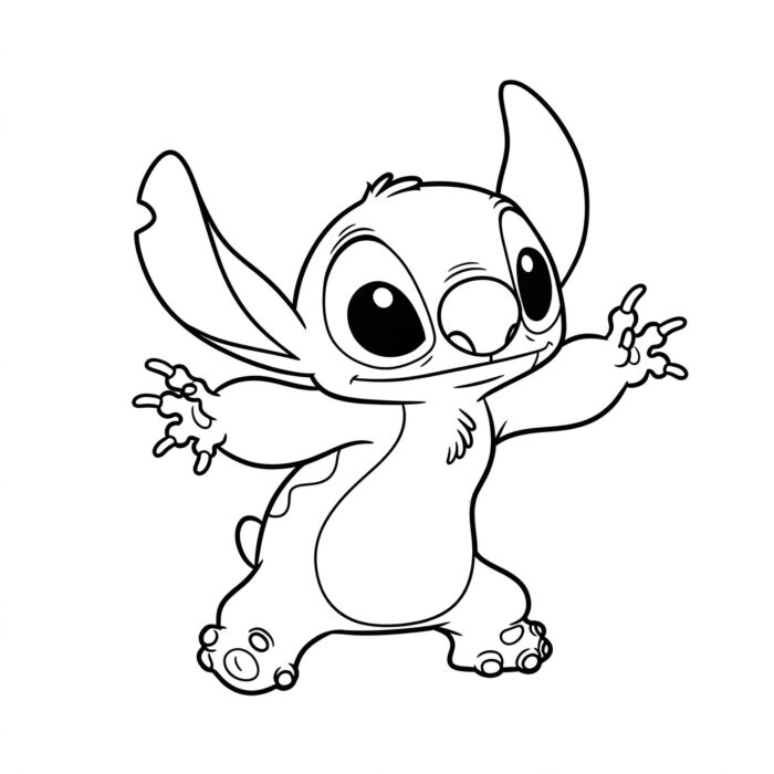 Stitch com braços abertos para colorir: desenho divertido do personagem sorrindo.