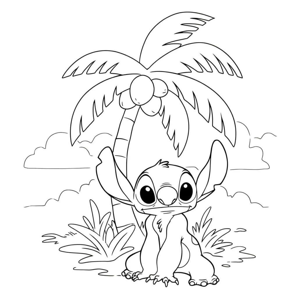 Stitch sob coqueiro: desenho para colorir com céu ensolarado e vegetação exuberante.