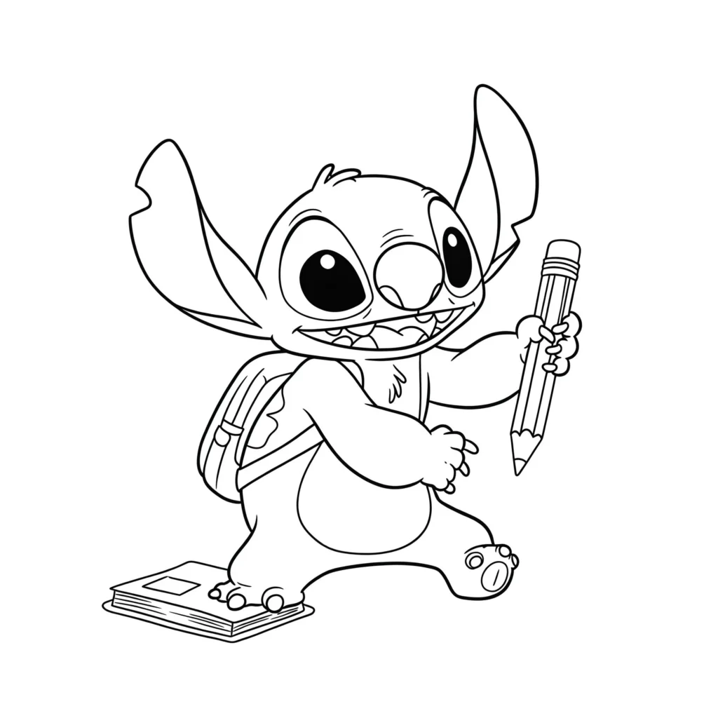 Stitch com mochila e lápis, aprendendo: Desenho para colorir