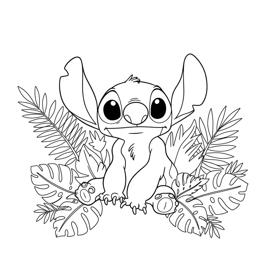 Stitch em meio a folhagem tropical: desenho para colorir