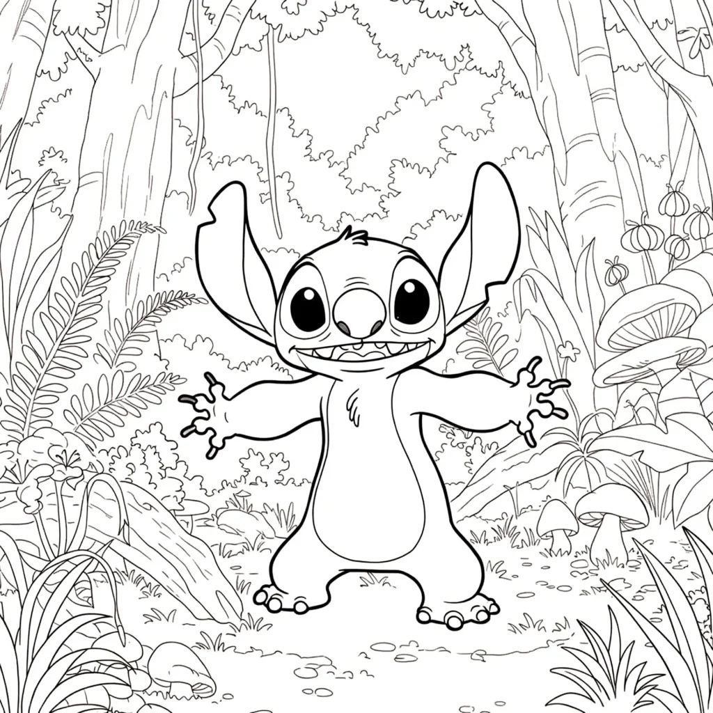 Stitch sorrindo em meio a uma floresta para colorir