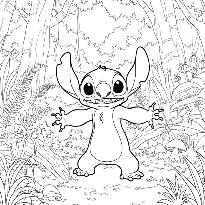 Stitch sorrindo em meio a uma floresta para colorir