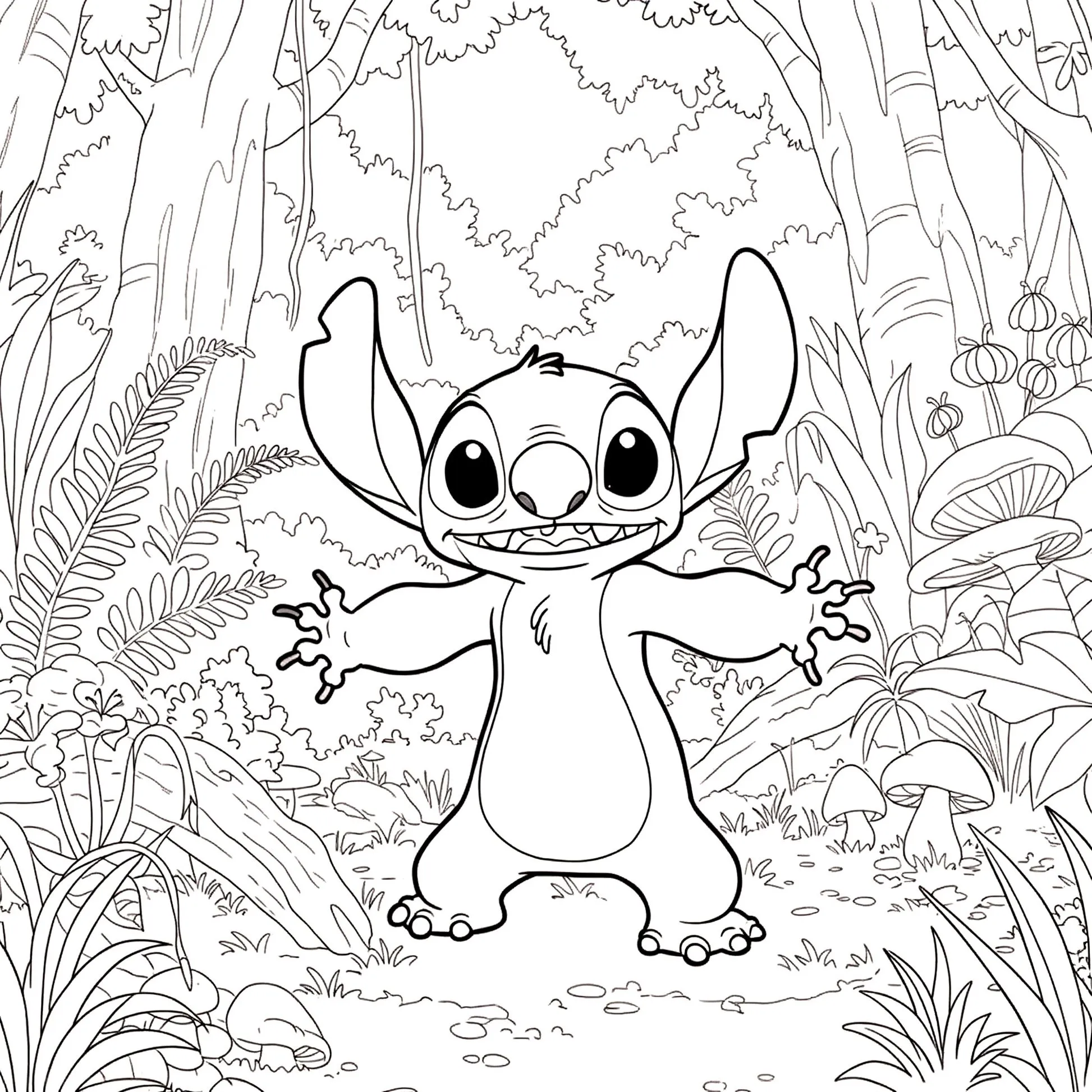 Stitch sorrindo em meio a uma floresta para colorir