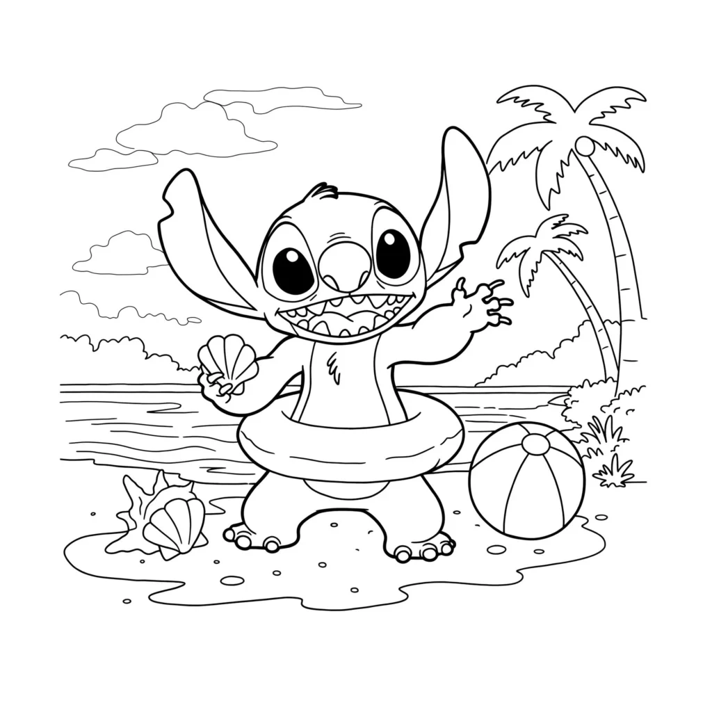 Stitch na praia para colorir: boia, concha, mar e coqueiros.