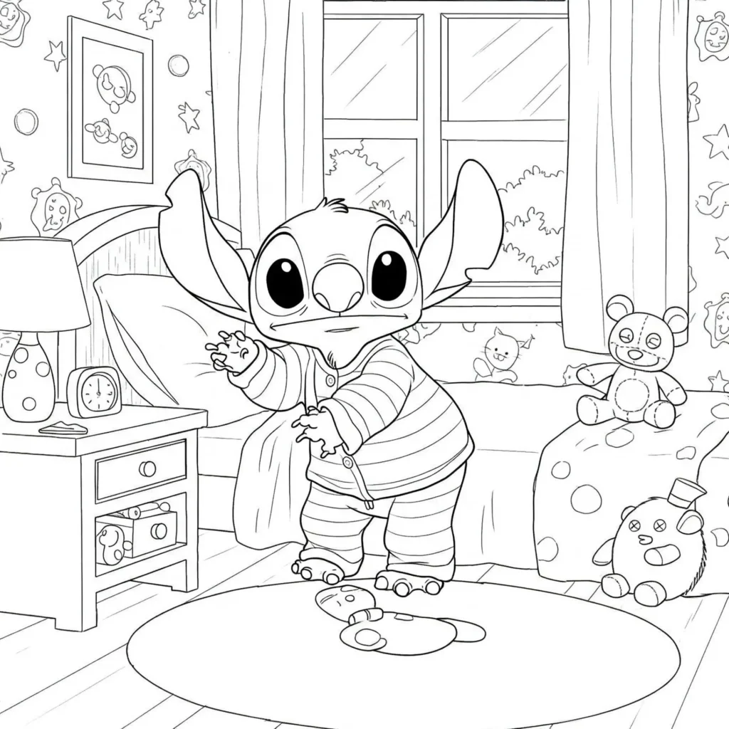 Stitch de pijama em cena para colorir: quarto com ursinhos e relógio