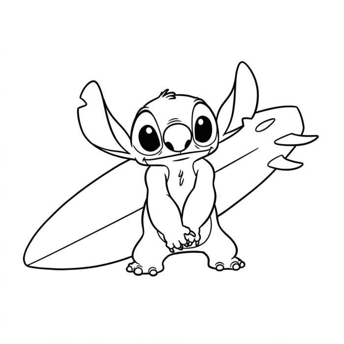 Stitch surfista: desenho para colorir com o personagem e prancha de surf.