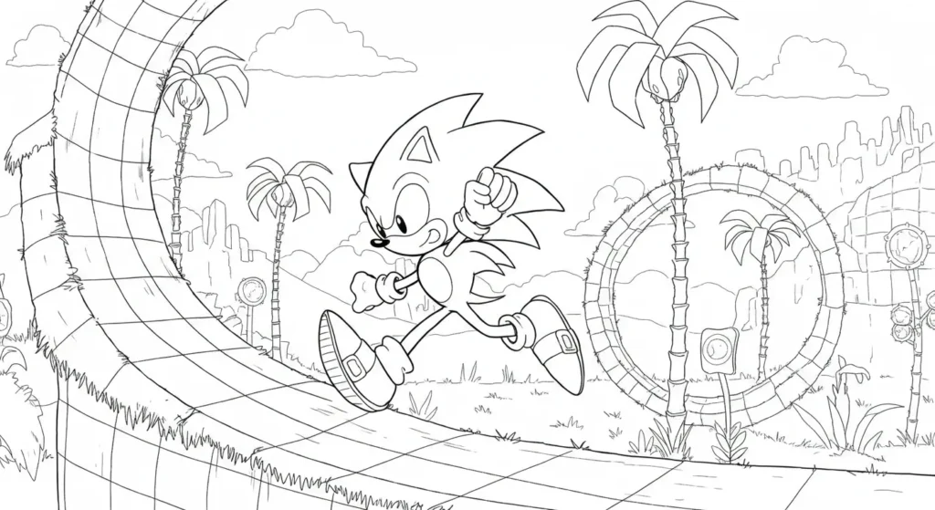 Atividade de colorir com Sonic correndo em cenário de jogo Desenho do ouriço Sonic para pintar, correndo velozmente em uma pista com curva e cenário de game com loop e palmeiras estilizadas.