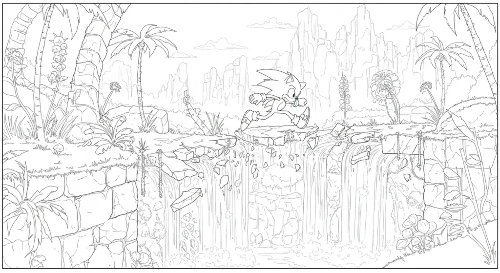 Atividade de colorir com Sonic pulando em ruínas na floresta O ouriço azul Sonic em ação, saltando sobre um buraco entre rochas que desabam numa selva com palmeiras, cipós e cachoeira.