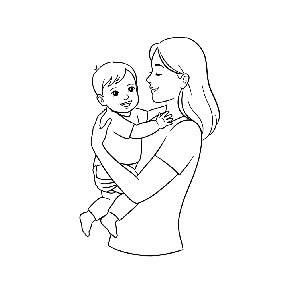 Atividade de colorir: mãe segurando seu bebê com ternura Mulher sorridente segura bebê feliz no colo. O pequeno estende os braços para ela. Cena de afeto com traços claros para pintura.