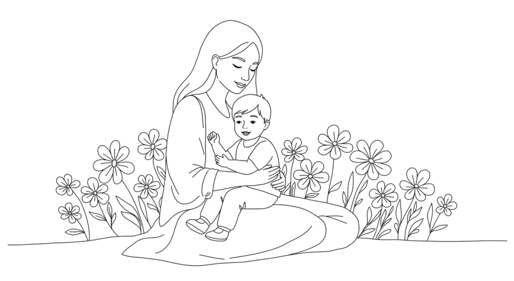 Colorir Feliz Dia das Mães 2025: Cena de carinho mãe e filho Colorir Dia das Mães 2025: Uma mãe sentada na grama abraça seu filho no colo. Ambos sorriem. Flores simples decoram a cena de afeto.