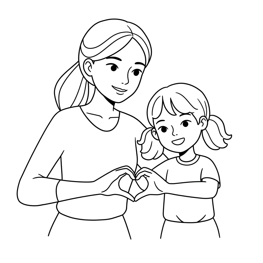Desenho Afetuoso de Mãe e Filha Para Colorir e Imprimir Desenho simples para colorir: mãe com rabo de cavalo e filha com marias-chiquinhas sorrindo e formando um coração com as mãos unidas.