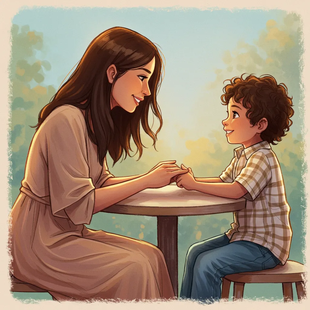 Desenho de uma mulher e um menino sentados à mesa, mãos dadas e sorrindo um para o outro num ambiente externo ensolarado, pronto para colorir.