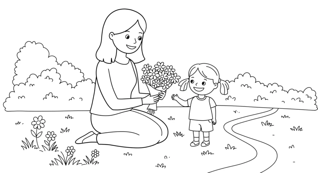 Desenho de Colorir Feliz Dia das Mães 2025: Mãe e Filha no Jardim Desenho para colorir do Dia das Mães 2025: mulher ajoelhada na grama com flores, ao lado de menina sorridente estendendo a mão no jardim.