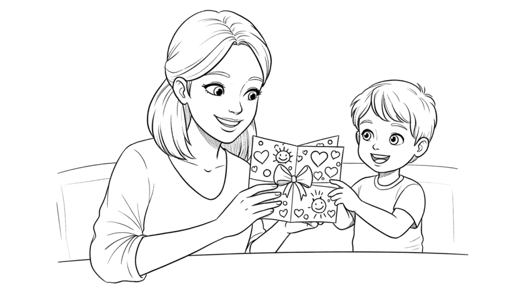 Desenho de Dia das Mães 2025: Menino entrega cartão para colorir Desenho para colorir do Dia das Mães 2025 com menino feliz dando um cartão artesanal para sua mãe à mesa. Cena de afeto e alegria.