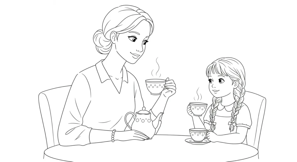 Desenho de Dia das Mães 2025 para Colorir: Mãe e Filha na Mesa Desenho para pintar de mãe e filha sentadas à mesa, compartilhando um chá. A cena mostra afeto, com xícaras e bule. Ótimo para atividade de Dia das Mães.