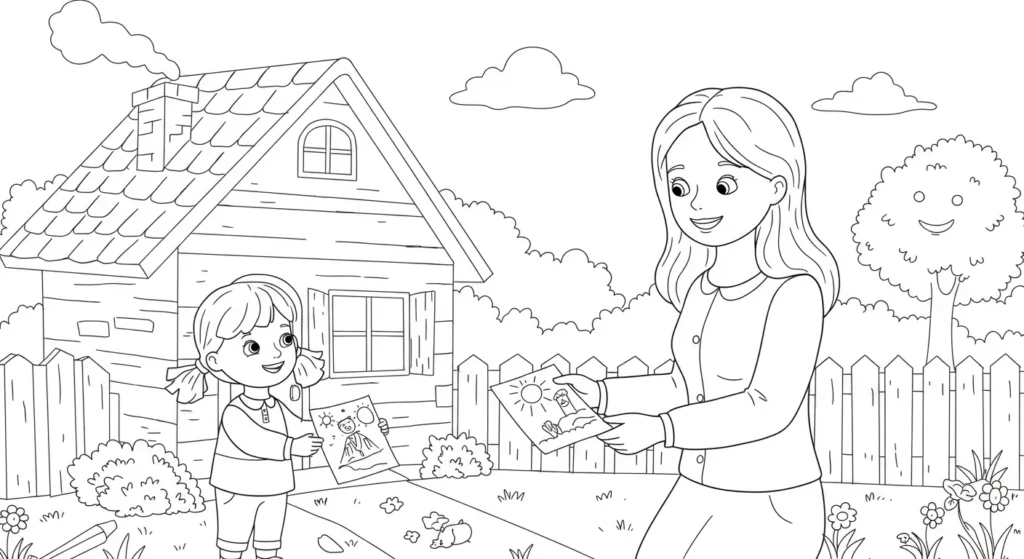 Desenho de Dia das Mães 2025 para Colorir: Menina e Mãe no Jardim Desenho para colorir do Dia das Mães 2025: menina com orgulho do seu trabalho de vulcão para a mãe em um jardim. Ao fundo, casa, árvore e flores.