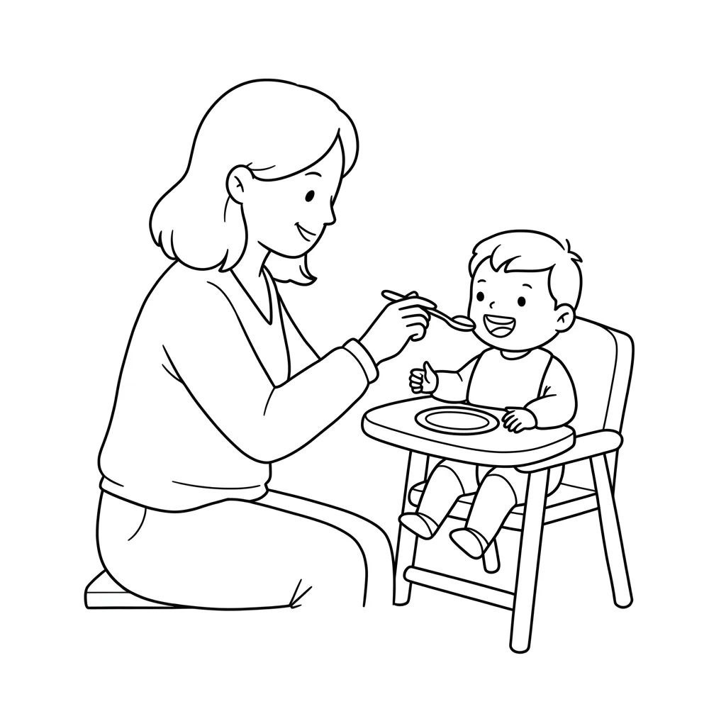 Desenho de mãe alimentando bebê no cadeirão para pintar Desenho para colorir de mãe sorridente dando comida na colher para seu bebê feliz no cadeirão alto, que faz sinal de joinha com o polegar.