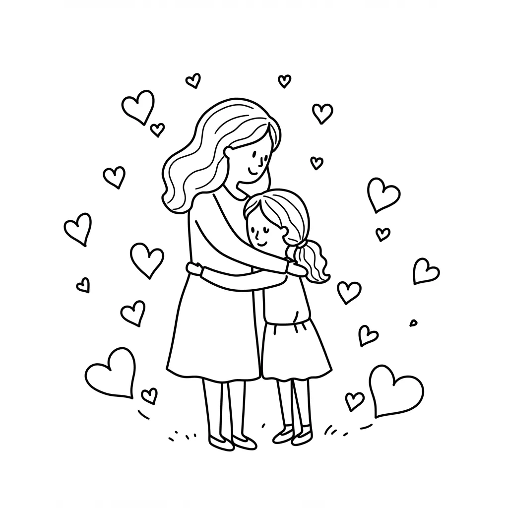 Desenho de mãe e filha abraçadas para colorir e imprimir Desenho com traços simples de uma mãe abraçando sua filha com carinho para colorir. A cena expressa amor familiar com corações flutuantes.