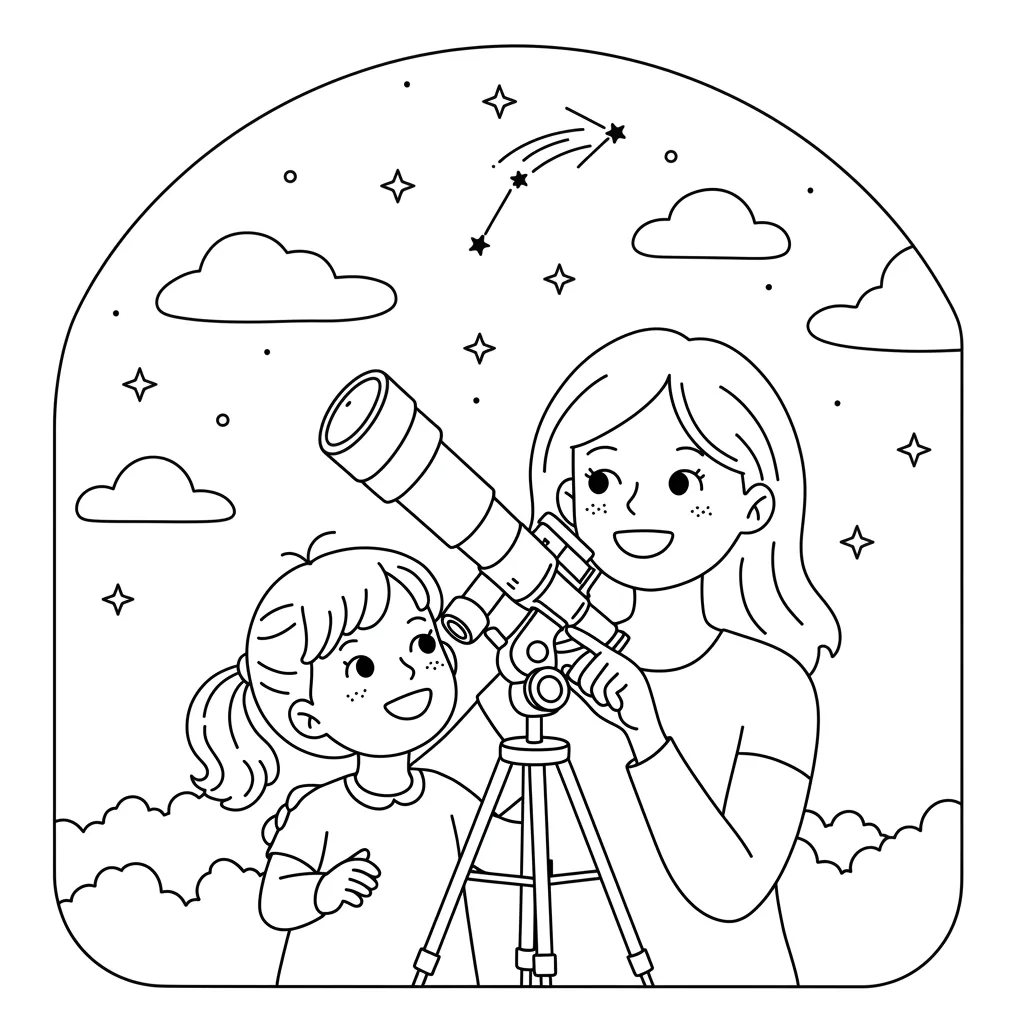Desenho de mãe e filha com telescópio para colorir e imprimir Desenho para pintar: mãe com cabelo longo ajuda menina sorridente a usar telescópio em tripé para observar céu com estrelas e nuvens.
