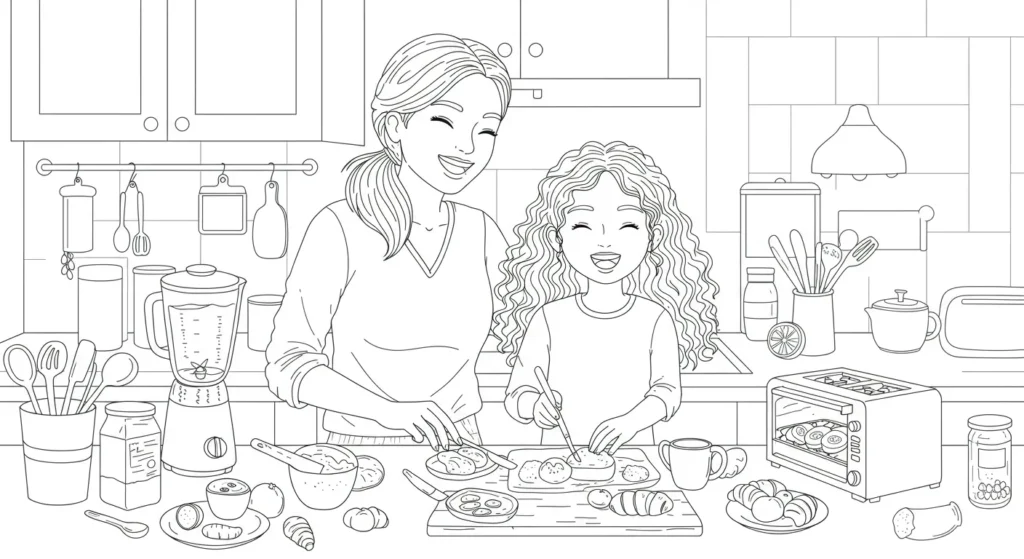 Desenho de Mãe e Filha Cozinhando para Colorir – Feliz Dia das Mães Desenho para colorir mostra mãe e filha sorridentes preparando comida juntas numa cozinha cheia de utensílios e alimentos para o Dia das Mães 2025.