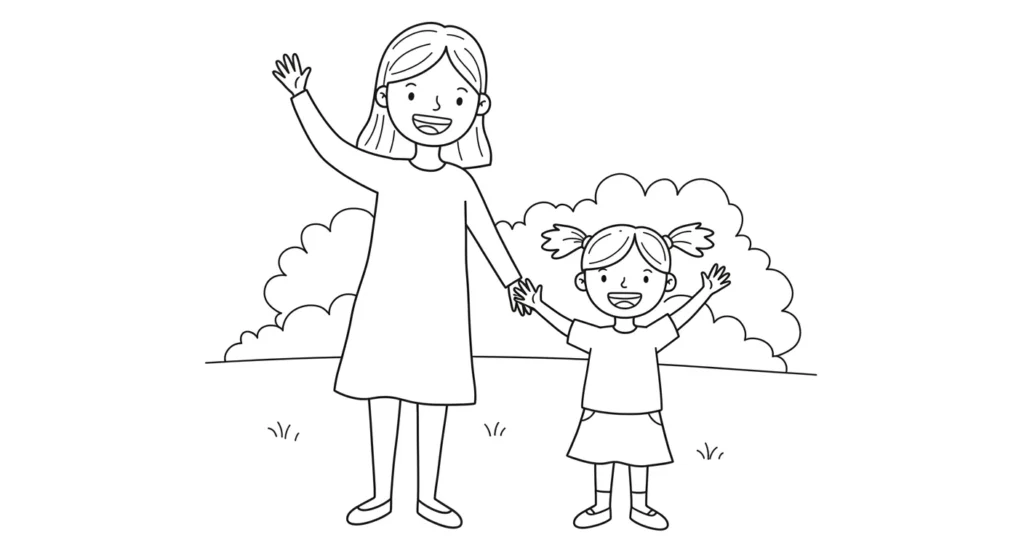Desenho de Mãe e Filha Felizes de Mãos Dadas para Colorir Desenho para pintar de uma mãe com vestido e sua filha de rabo de cavalo, felizes e de mãos dadas num gramado com arbustos ao fundo. Ambas sorriem para frente.