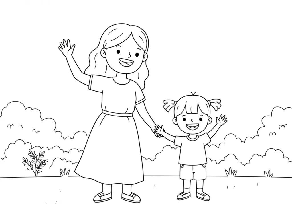 Desenho de mãe e filha para colorir e imprimir facilmente Desenho para colorir de mãe e filha sorrindo e acenando juntas ao ar livre. A mulher usa vestido e a menina usa camiseta e shorts.