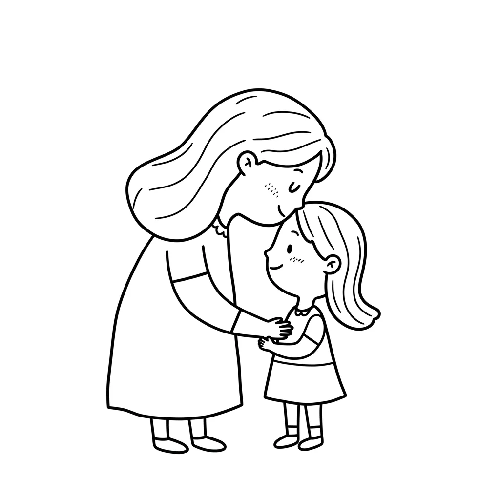 Desenho de mãe e filha para colorir e imprimir: momento de carinho Desenho para colorir mostrando uma mãe de cabelos compridos beijando carinhosamente a testa de sua filha pequena.