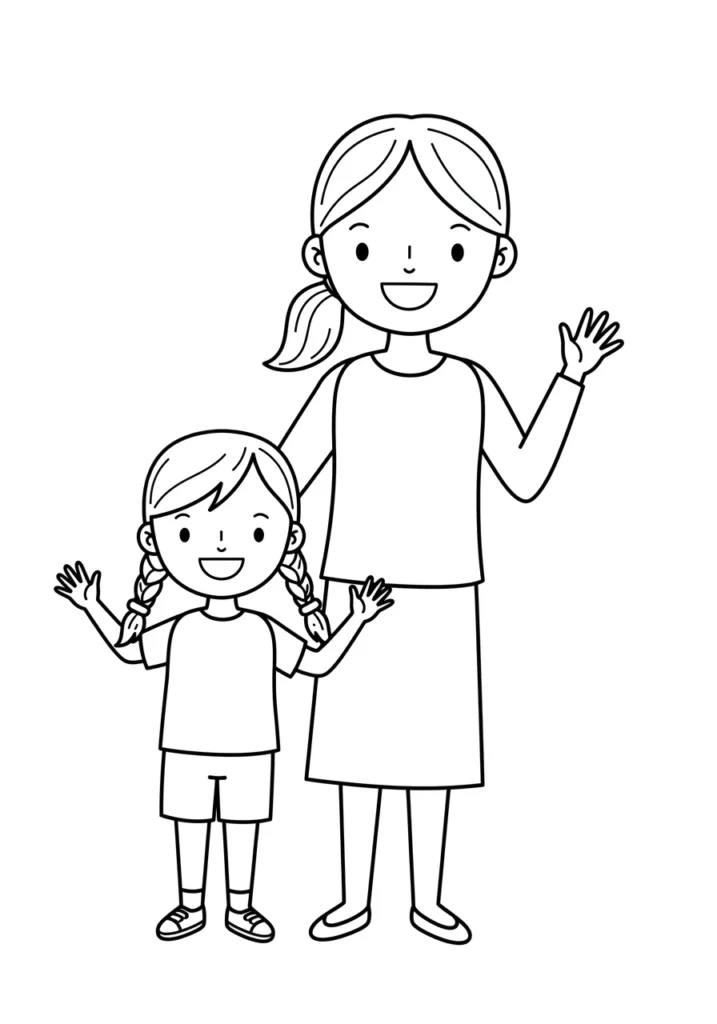 Desenho de mãe e filha para pintar: Modelo simples e alegre Desenho para colorir: Mulher de rabo de cavalo e menina de tranças sorriem e acenam. Estão lado a lado, prontas para atividade de pintura.