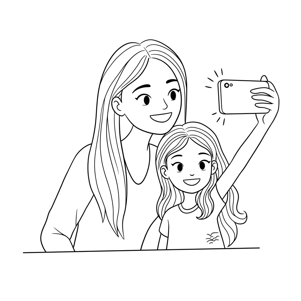 Desenho de mãe e filha sorrindo para selfie: pintar e imprimir Desenho para atividade de pintura: mãe sorridente e filha com blusa de pássaros posam para uma foto tirada com celular estendido pela menina.