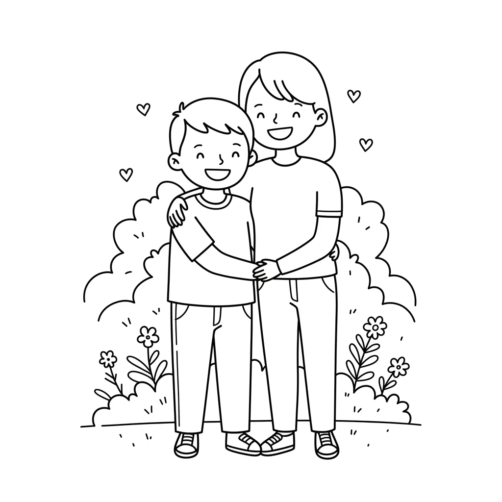 Desenho de mãe e filho abraçados para colorir e imprimir Desenho simples de uma mãe abraçando seu filho por trás. Ambos sorriem felizes em um gramado com flores e corações flutuando ao fundo.