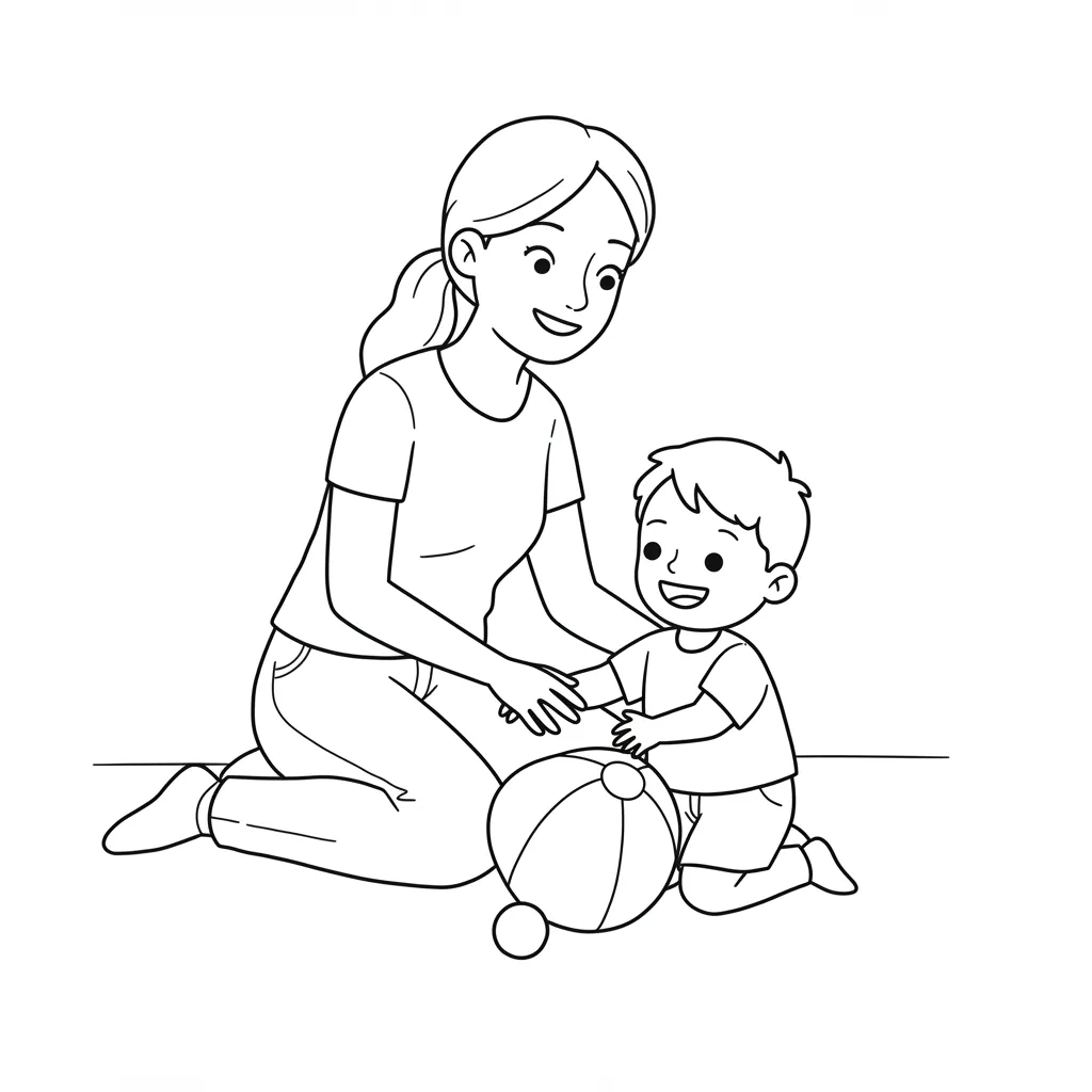 Desenho de Mãe e Filho Brincando Juntos para Colorir e Pintar Desenho afetuoso para colorir com uma mãe ajoelhada e seu filho pequeno sorrindo enquanto brincam com uma bola listrada no chão, mostrando interação.