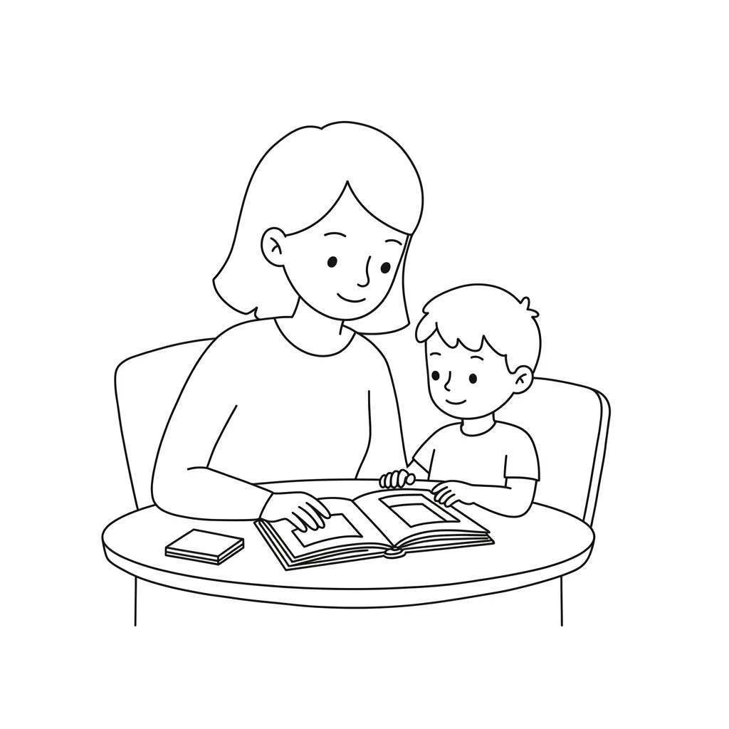 Desenho de mãe e filho com álbum para colorir e imprimir Desenho para pintar de mãe e filho sorrindo, lado a lado numa mesa redonda, observando um livro aberto com quadrados vagos para fotos.