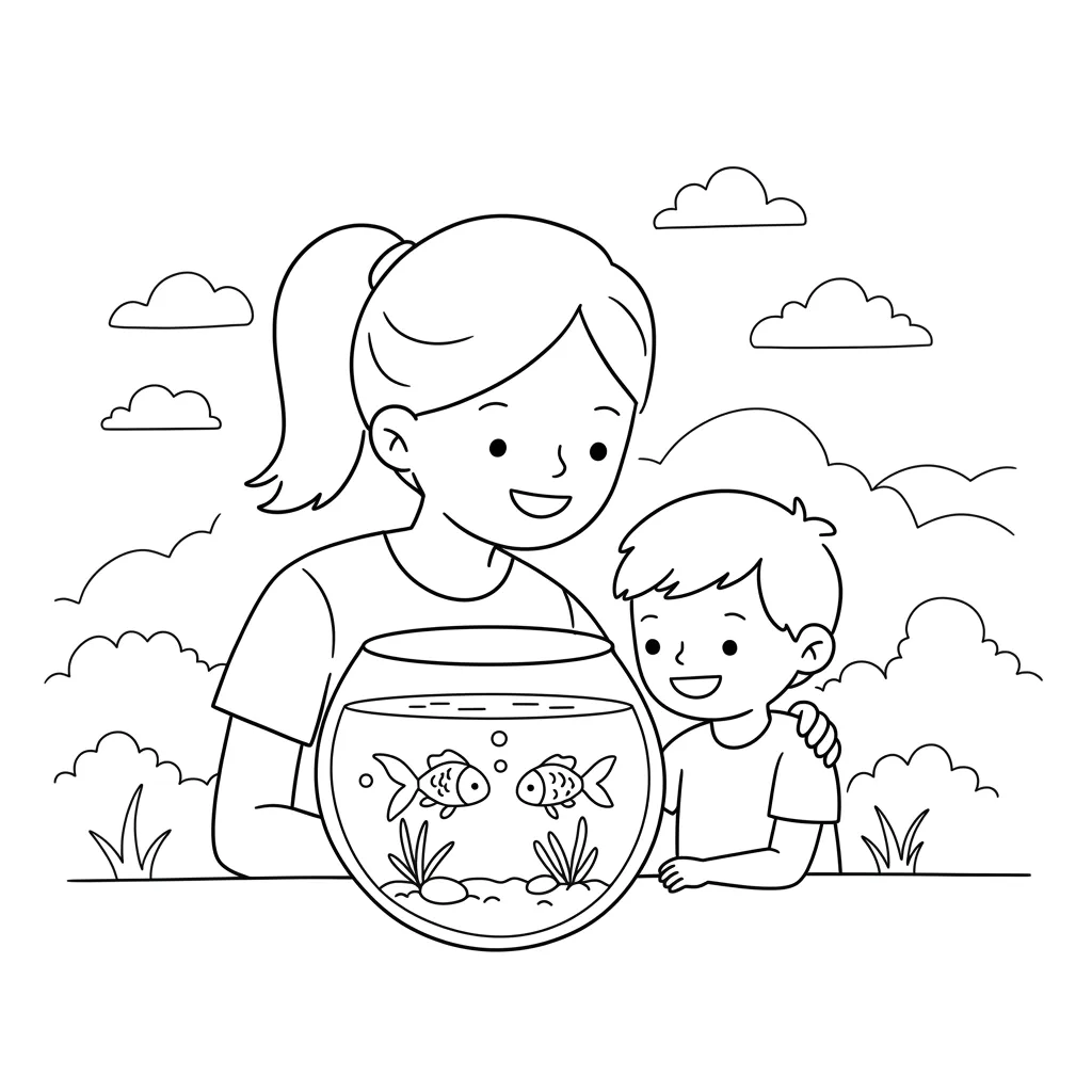 Desenho de Mãe e Filho Observando Peixes no Aquário para Colorir Cena afetuosa para pintar: mãe com rabo de cavalo abraça o filho enquanto observam atentamente peixes num aquário redondo com plantas aquáticas.