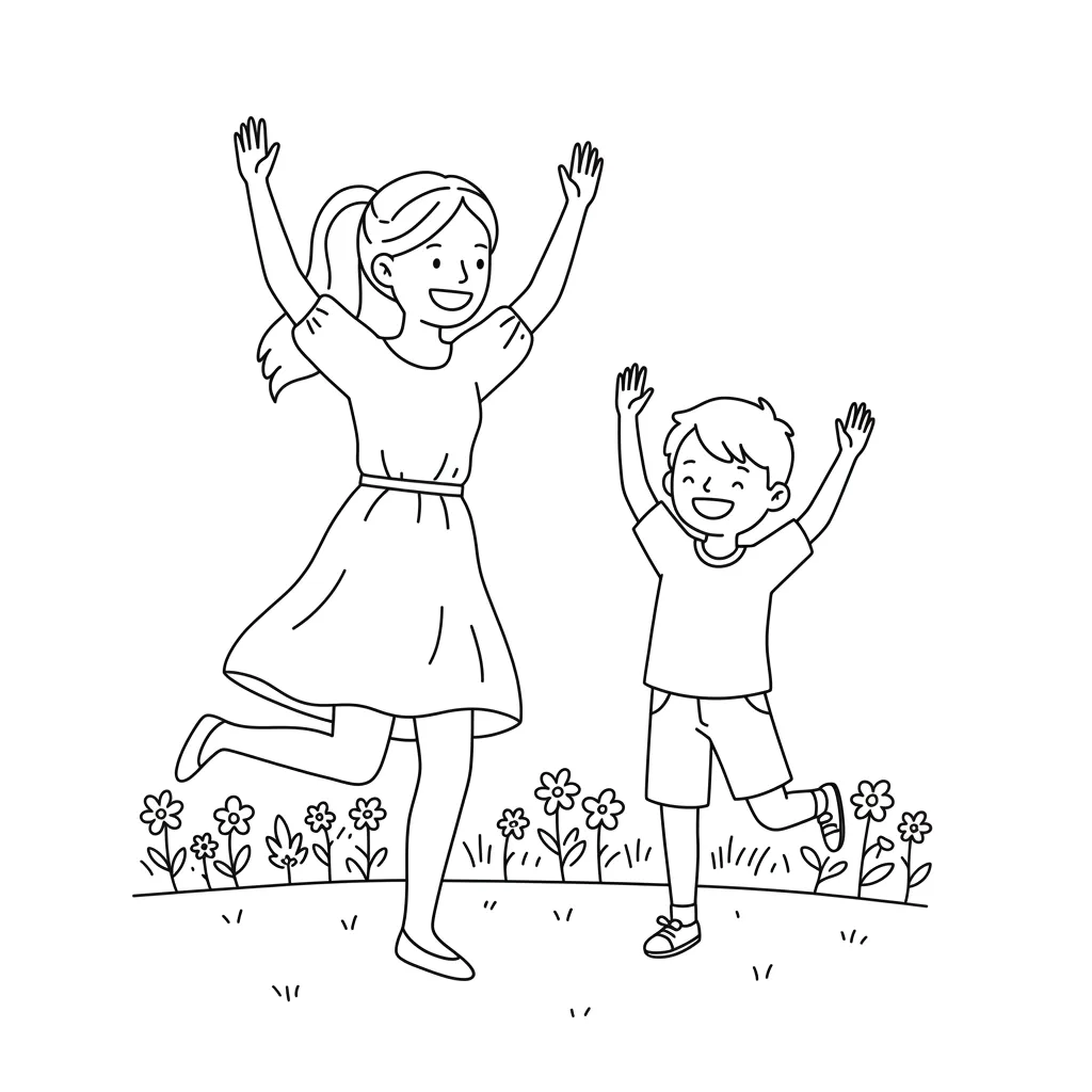 Desenho de mãe e filho pulando alegres no jardim para colorir Desenho para pintar de uma mulher e um menino sorrindo e pulando juntos num campo com flores, demonstrando alegria e conexão familiar.