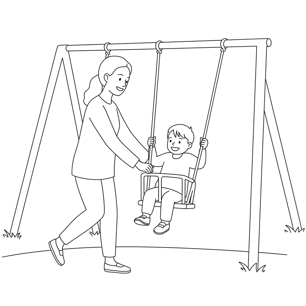 Desenho de mãe empurrando filho feliz no balanço para colorir Desenho fácil de uma mãe sorridente empurrando seu filho alegre em um balanço ao ar livre sobre a grama.