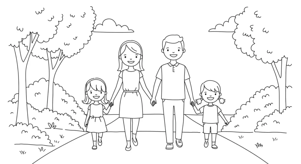 Desenho Dia das Mães 2025 Família Feliz no Parque para Colorir Desenho para colorir do Dia das Mães 2025 mostra uma família feliz passeando em um parque. Pai, mãe e duas filhas de mãos dadas sorrindo, aproveitando o dia.