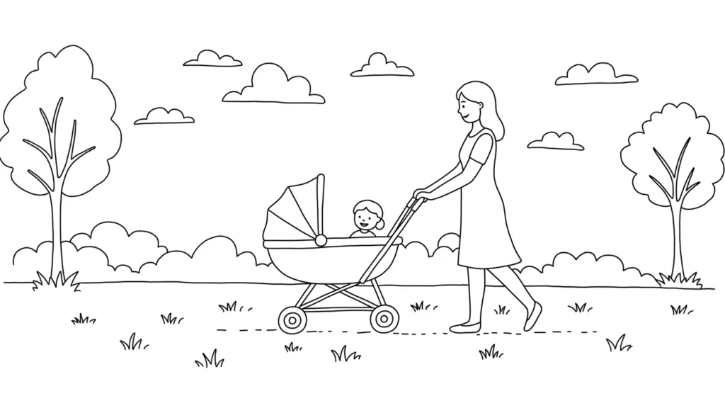 Desenho Dia das Mães 2025 para Colorir: Mãe e Bebê no Passeio Desenho para colorir do Dia das Mães 2025: mãe sorridente empurra carrinho com bebê feliz ao ar livre, cenário com grama, árvores e nuvens.